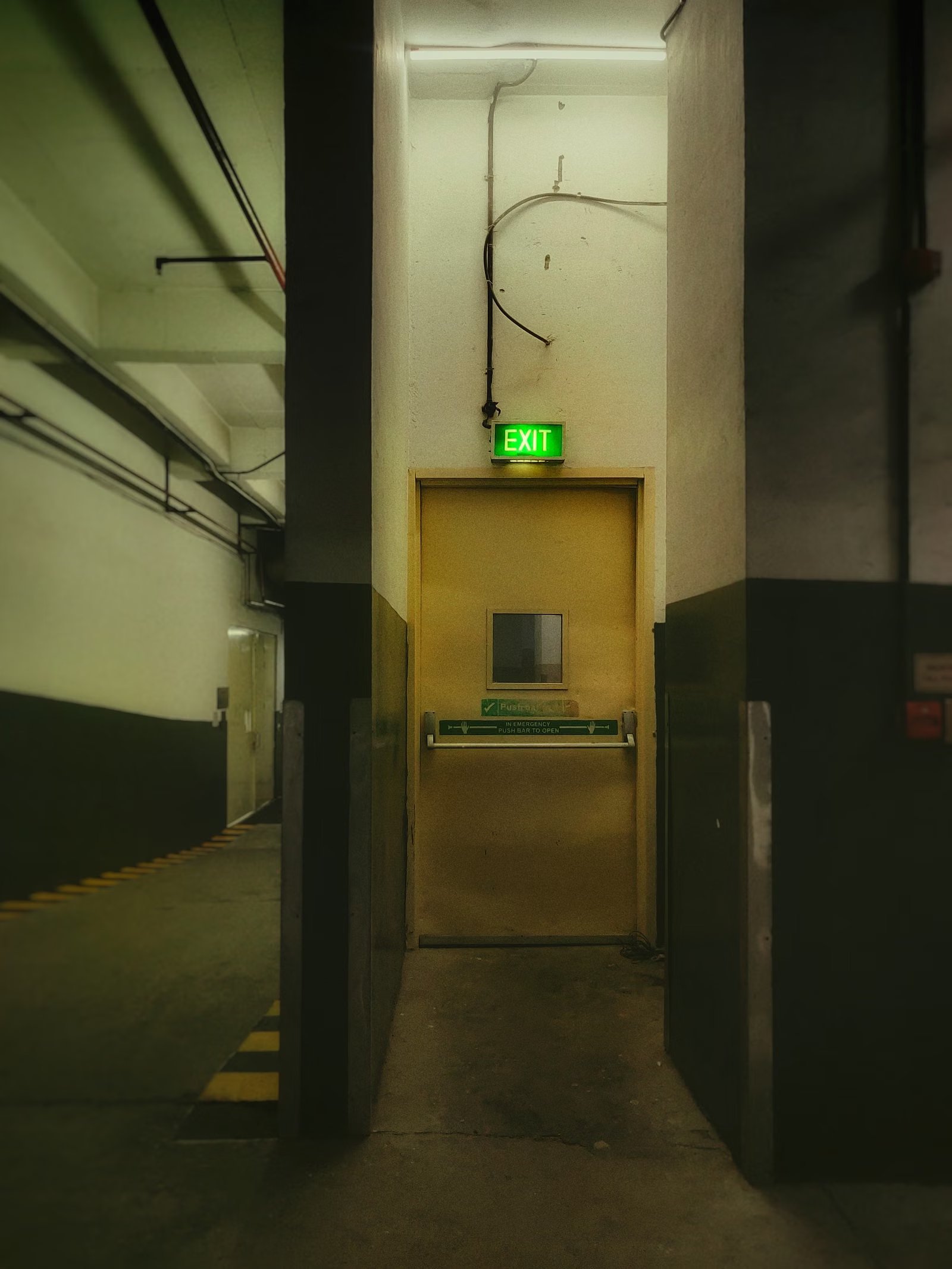 Notausgangstüren mit grünem Rettungswegschild in einem Betriebsgebäude – Symbolbild für Brandschutzmängel in Unternehmen wie verstellte Fluchtwege