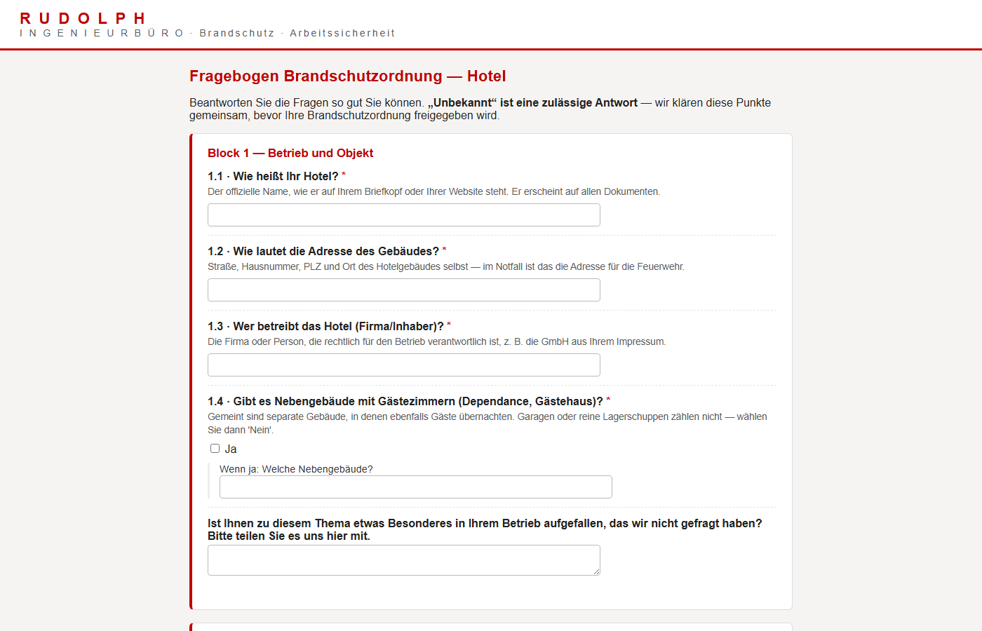 Online-Fragenkatalog des Ingenieurbüros Rudolph zur Erstellung einer Brandschutzordnung